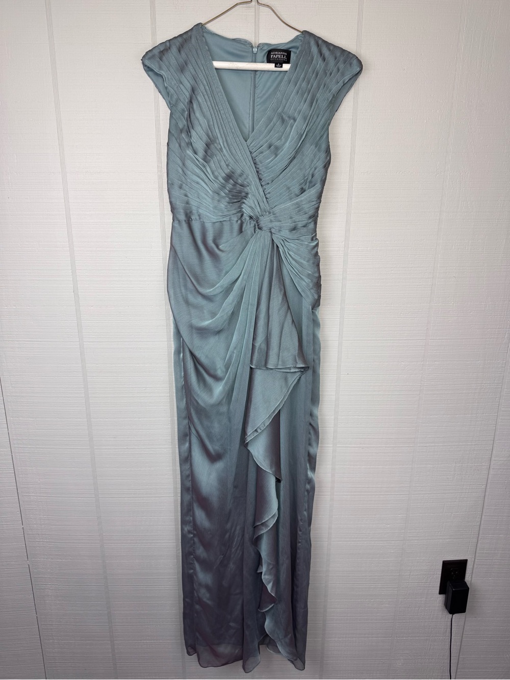 Adrianna Papell Occasions Blue Chiffon V-Neck Cap Sleeve Ruched Long Gown 4